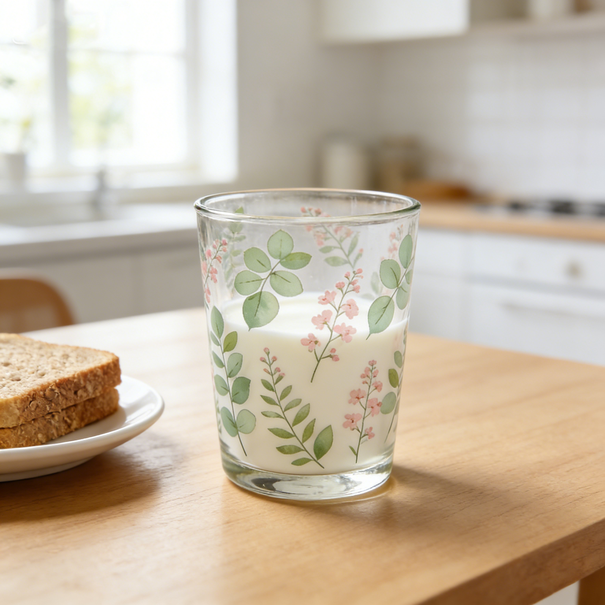 Watercolour Eucalyptus & Pink Blossom Glass Tumbler
