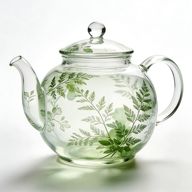 Green Leaf Etched Glass Teapot