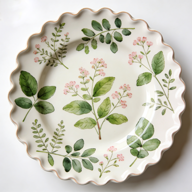 Watercolor Greenery & Pink Flower Scalloped Plate