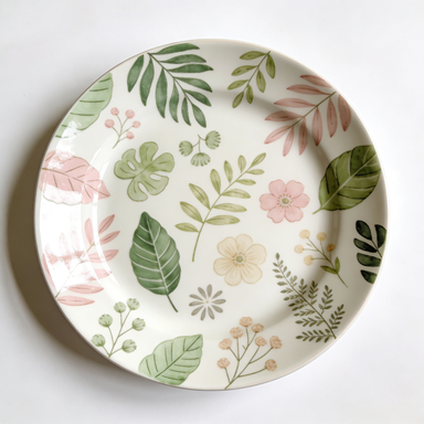 Botanical Green & Pink Leaf Ceramic Plate