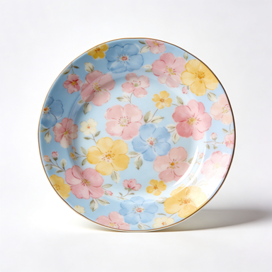 Pastel Floral Blue Background Gold Rim Plate
