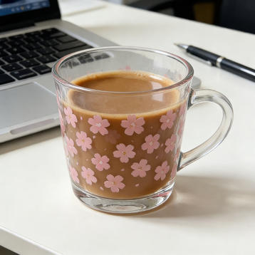 Pink Cherry Blossom Clear Glass Mug