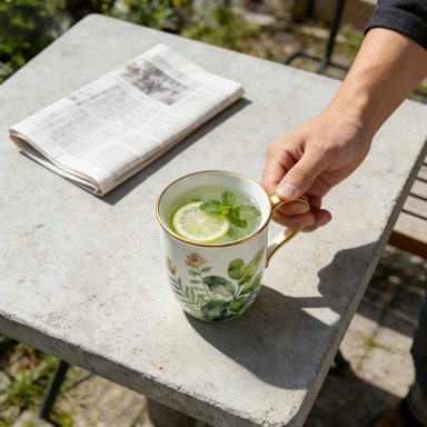 Watercolour Greenery Porcelain Mug with Gold Trim